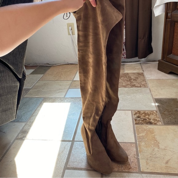 Brown/Tan/Taupe Faux Suede Block Heel Over the Knee Boots - Picture 3 of 4